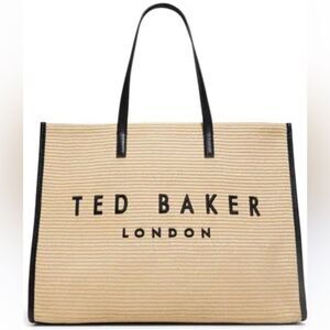TED BAKER The Icon Palmer Tote Ivory Straw Black Faux Leather Embroidered Logo